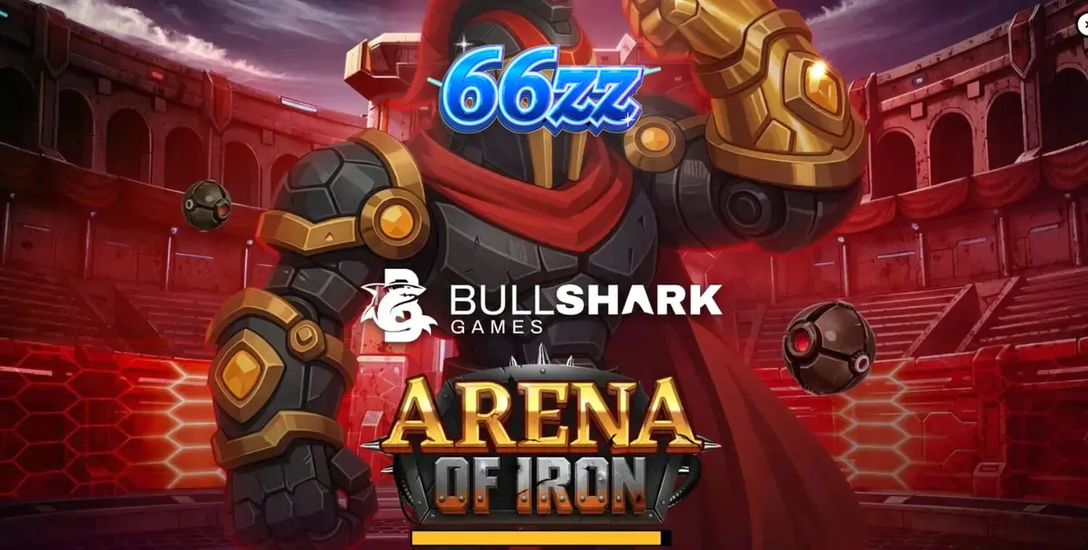 Arena of Iron স্লট গেমের একটি দৃশ্য যেখানে যান্ত্রিক গ্ল্যাডিয়েটর এবং ফিউচারিস্টিক গ্রিড দেখা যাচ্ছে।